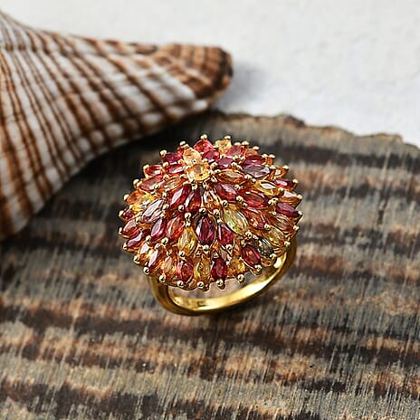 Rainbow Sapphire Cluster Ring in 18K Vermeil Yellow Gold Sterling Silver 7.89 Ct, Silver Wt. 6.40 Gms.