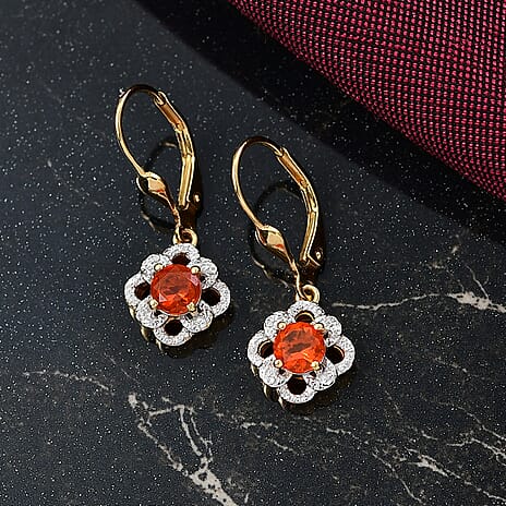 D'joy Fire Opal Solitaire Stud Earring with Lever Back in Yellow Gold & Platinum Overlay Sterling Silver