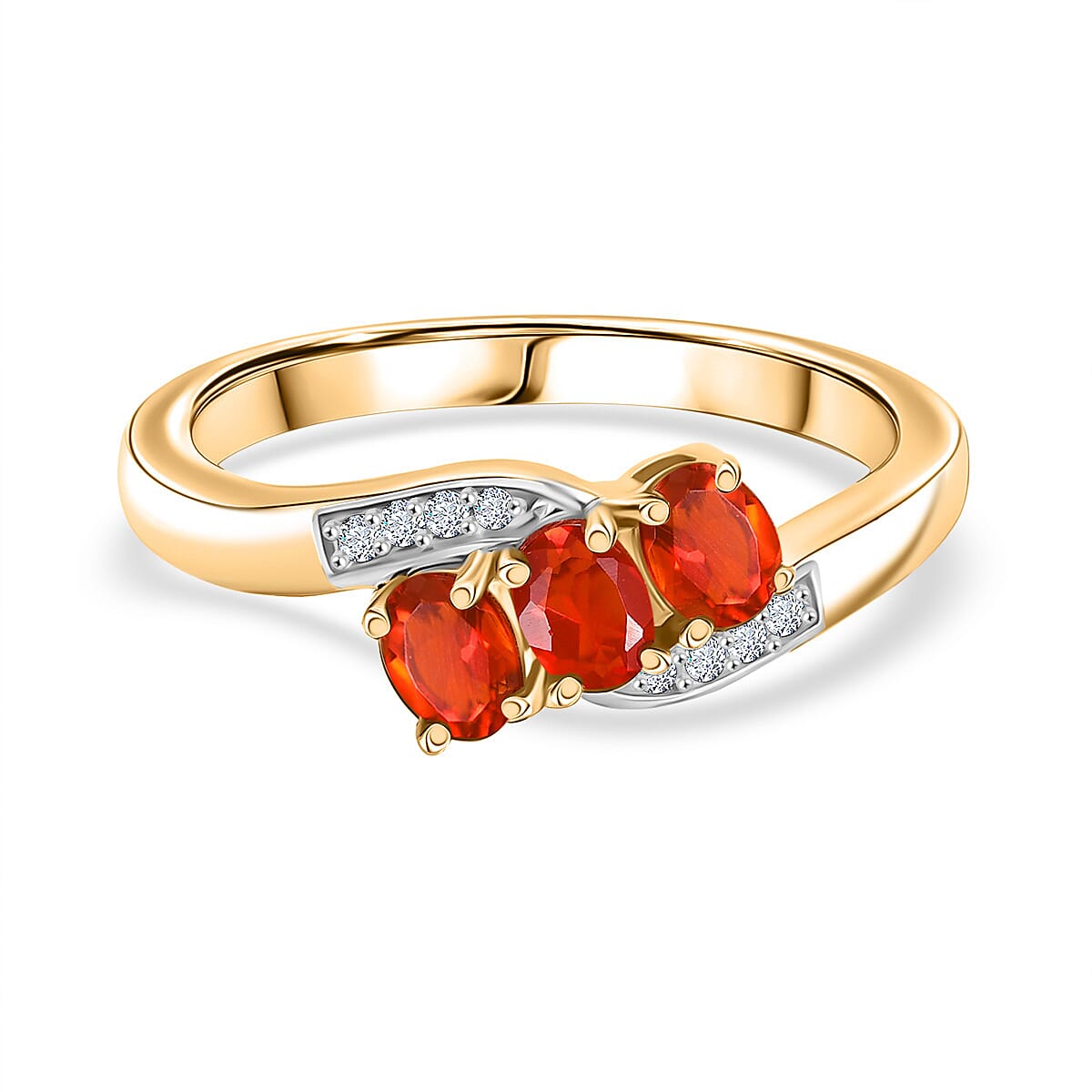 D'joy Crimson Fire Opal & White Zircon Ring in Yellow Gold Overlay Sterling Silver