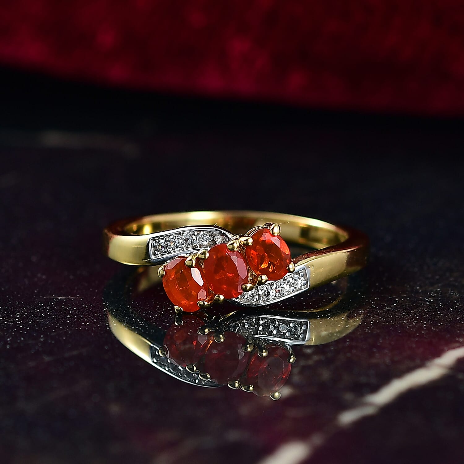 D'joy Crimson Fire Opal & White Zircon Ring in Yellow Gold Overlay Sterling Silver