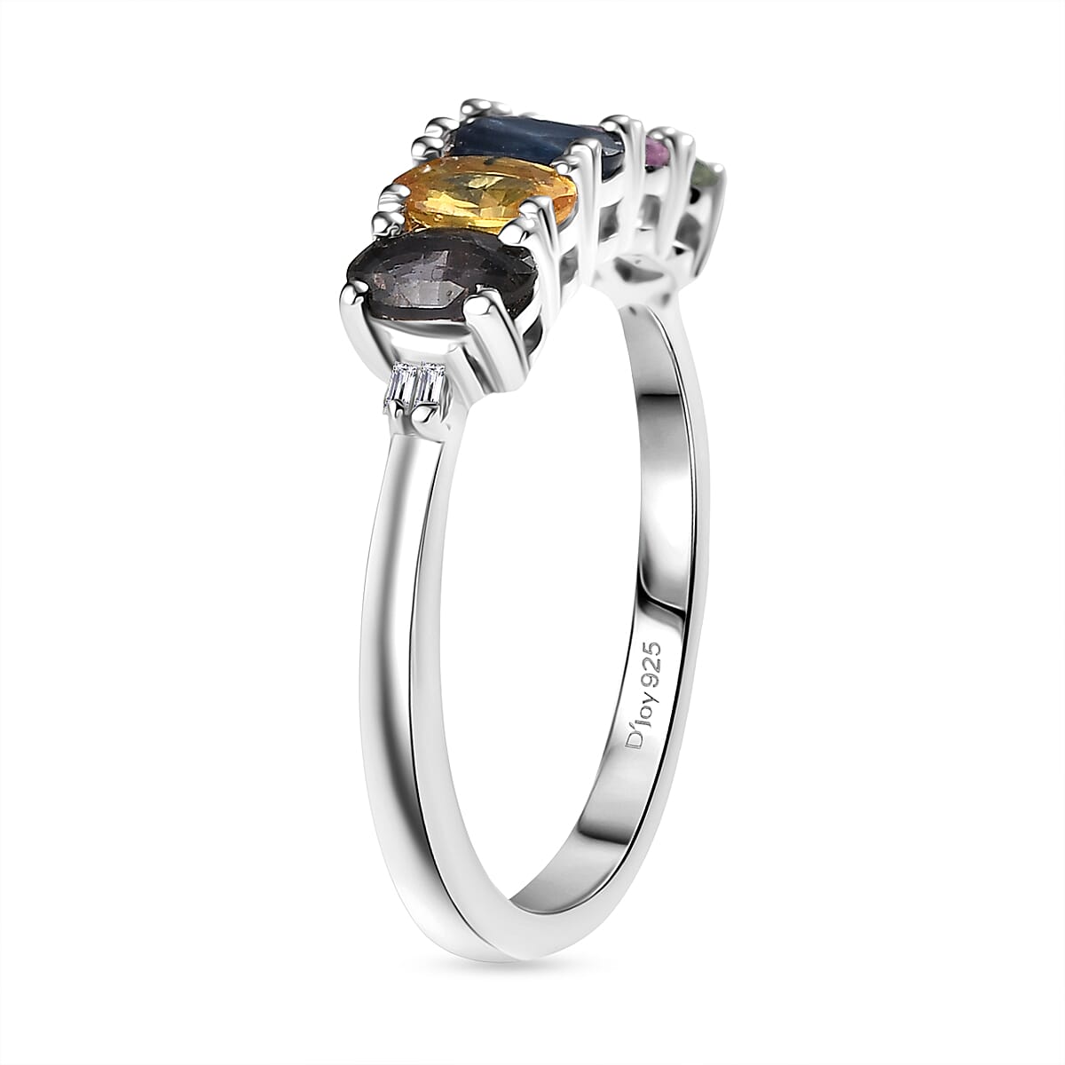 D'Joy Multi Sapphire & White Diamond Ring in Rhodium Overlay Sterling Silver 1.50 Ct.
