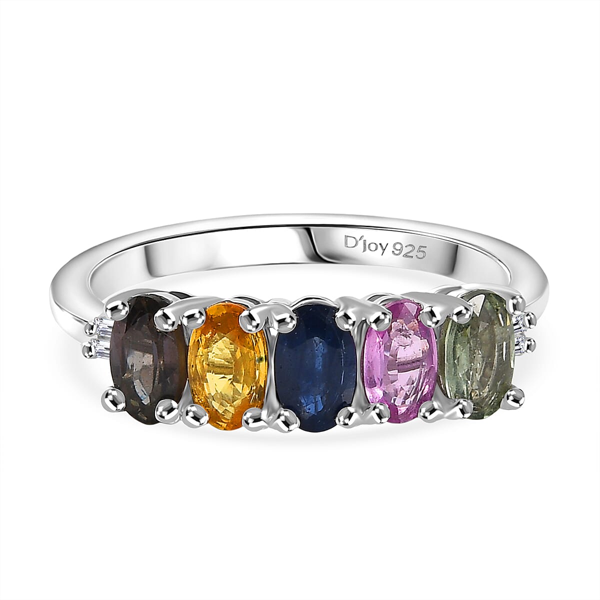 D'Joy Multi Sapphire & White Diamond 5 Stone Ring in Rhodium Overlay Sterling Silver 1.50 Ct.