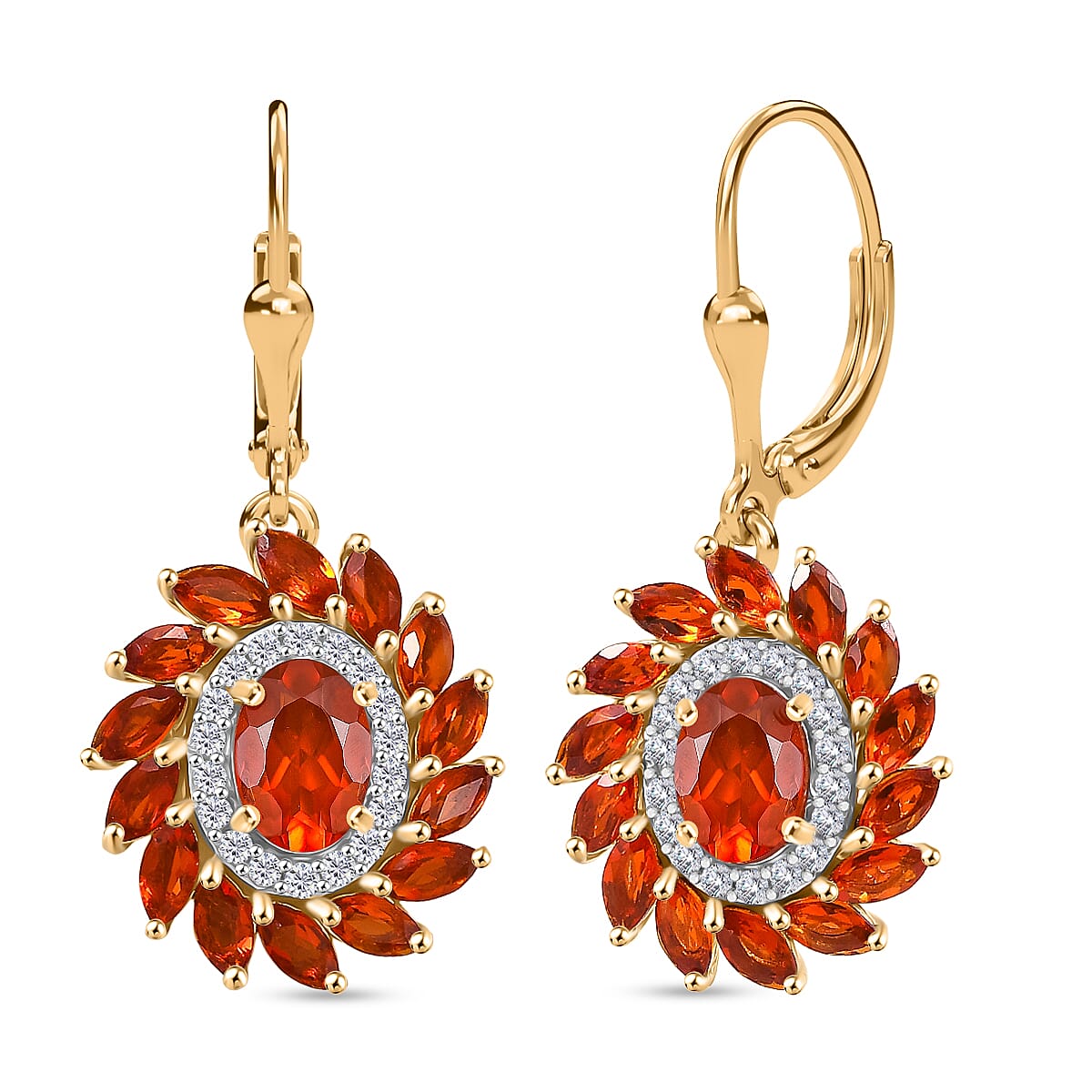 Crimson Fire Opal & White Zircon Earring with Lever Back in 18K Vermeil Yellow Gold Sterling Silver 2.97 Ct.