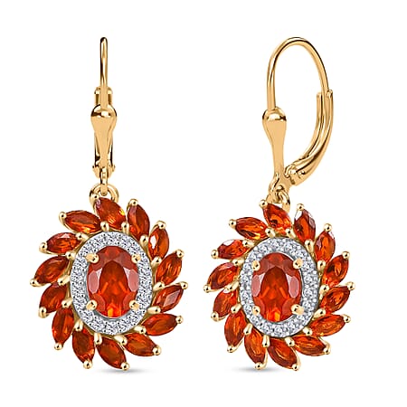 Crimson Fire Opal & White Zircon Earring with Lever Back in 18K Vermeil Yellow Gold Sterling Silver 2.97 Ct. Crimson Fire Opal & White Zircon Earring with Lever Back in 18K Vermeil Yellow Gold Sterling Silver 2.97 Ct.