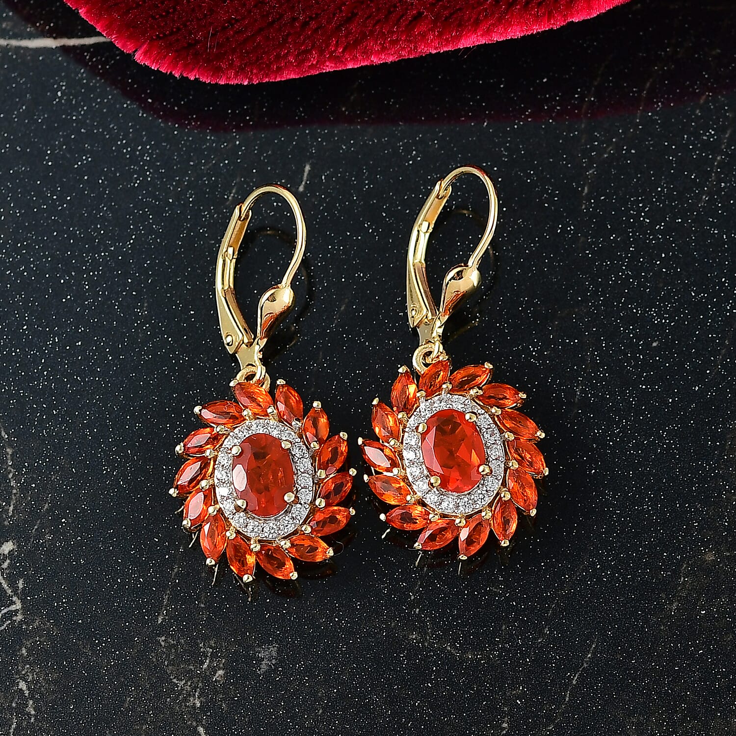 Crimson Fire Opal & White Zircon Earring with Lever Back in 18K Vermeil Yellow Gold Sterling Silver 2.97 Ct.