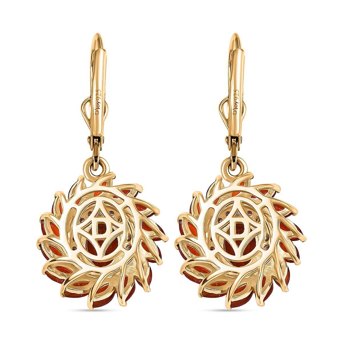 Crimson Fire Opal & White Zircon Earring with Lever Back in 18K Vermeil Yellow Gold Sterling Silver 2.97 Ct.