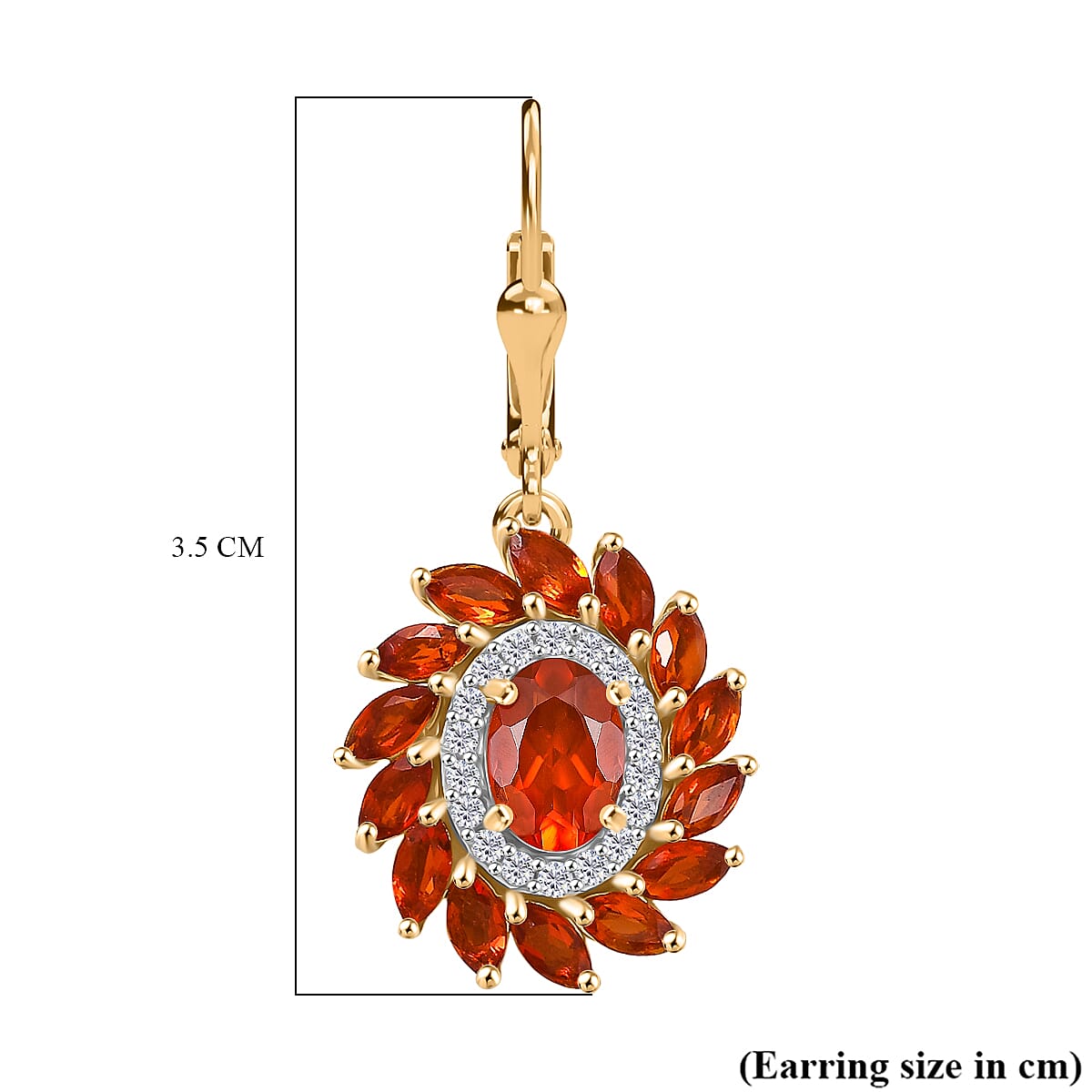Crimson Fire Opal & White Zircon Earring with Lever Back in 18K Vermeil Yellow Gold Sterling Silver 2.97 Ct.