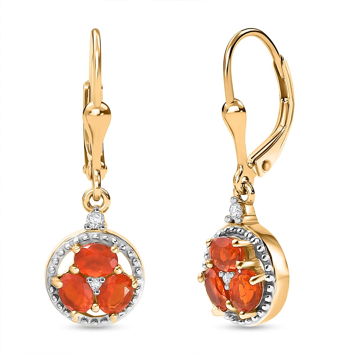 D'joy Fire Opal & White Zircon Cluster Earring with Lever Back in Yellow Gold Plating Sterling Silver