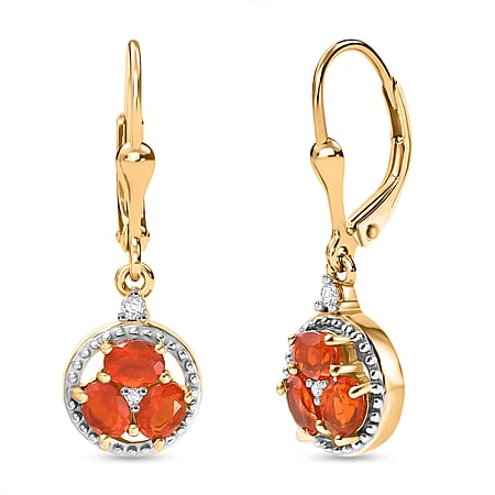 D'joy Fire Opal, White Zircon Cluster Earring with Lever Back in Yellow Gold Plated Sterling Silver