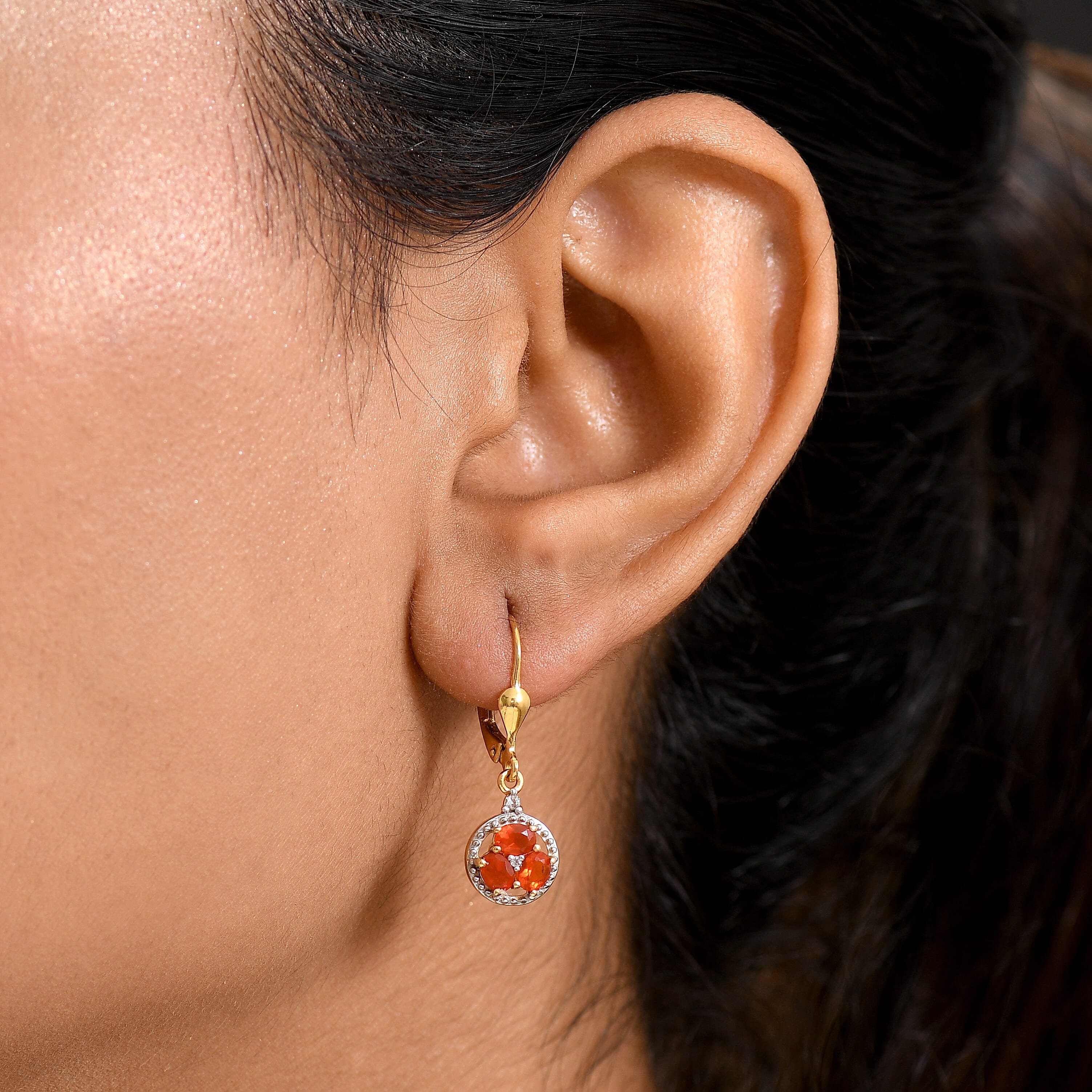 D'joy Fire Opal & White Zircon Cluster Earring with Lever Back in Yellow Gold Plating Sterling Silver