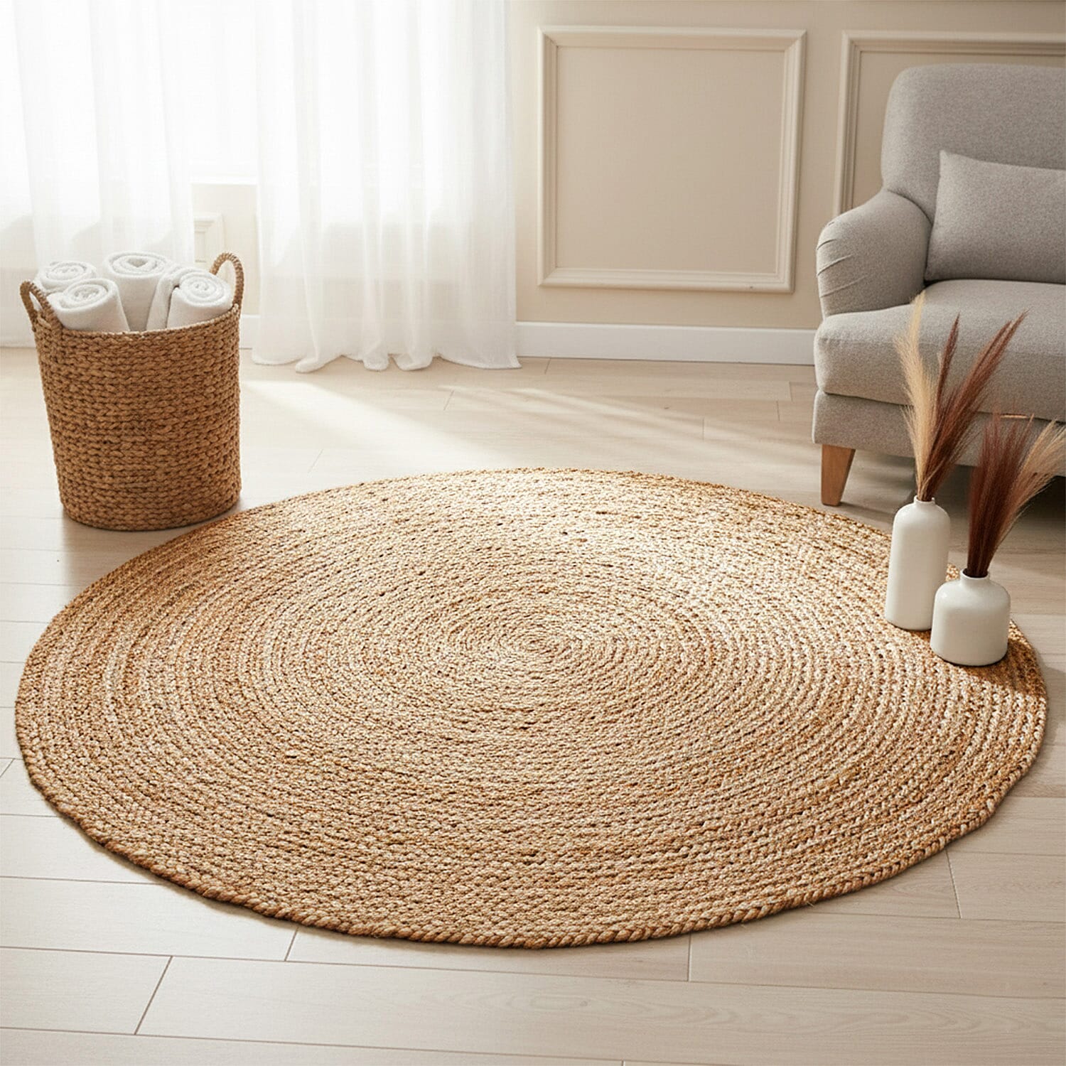 Natural Jute Plain Round Rug (80x80cm) - Dark