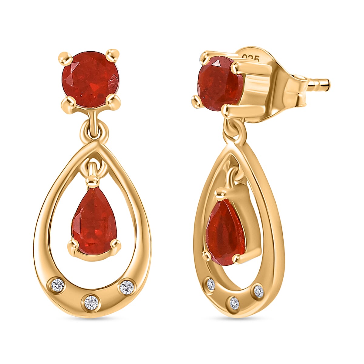 Fire Opal & White Zircon Dangling Earring with Push Back in Yellow Gold Overlay Sterling Silver