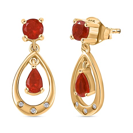 Fire Opal & White Zircon Dangling Earring with Push Back in Yellow Gold Overlay Sterling Silver