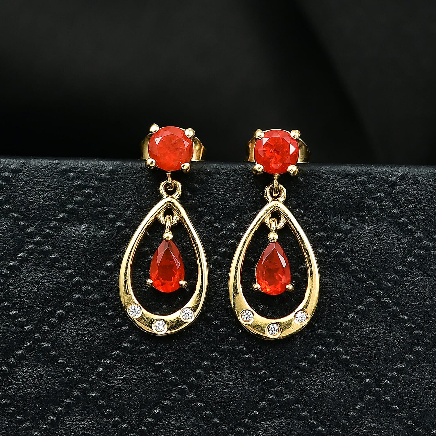 Fire Opal & White Zircon Dangling Earring with Push Back in Yellow Gold Overlay Sterling Silver