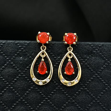 Fire Opal & White Zircon Dangling Earring with Push Back in Yellow Gold Overlay Sterling Silver