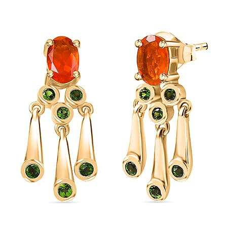 D'joy Fire Opal, Natural Chrome Diopside Dangling Earring with Push Back in Yellow Gold Plated Sterling Silver