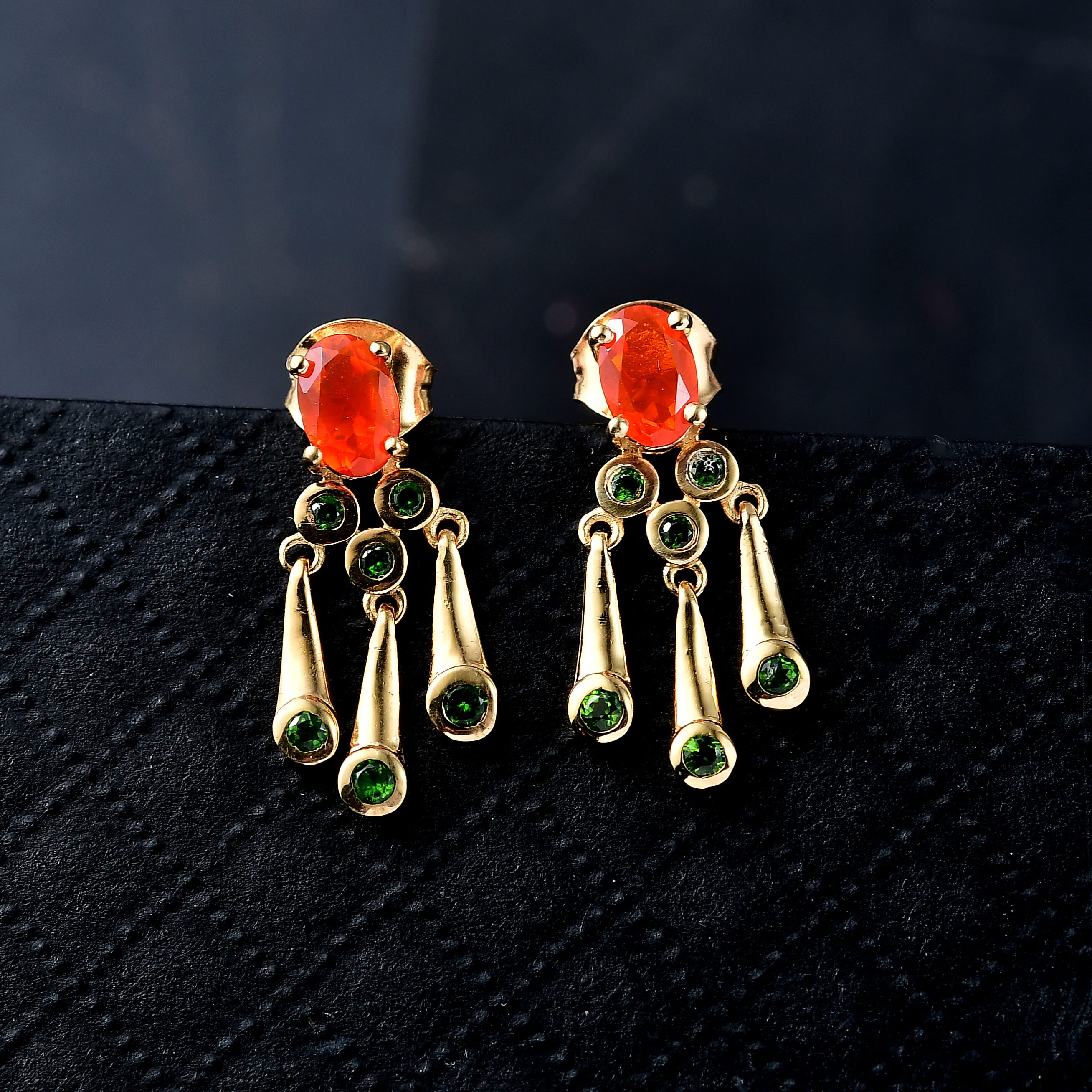 D'joy Fire Opal & Natural Chrome Diopside Earring with Push Back in Yellow Gold Overlay Sterling Silver