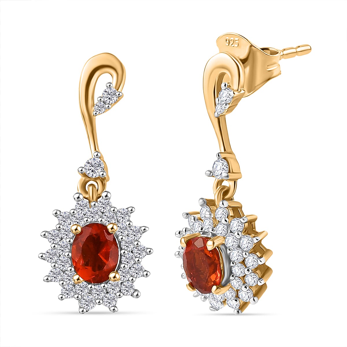 D'joy Fire Opal & White Zircon Earring with Push Back in 18K Vermeil Yellow Gold Overlay Sterling Silver
