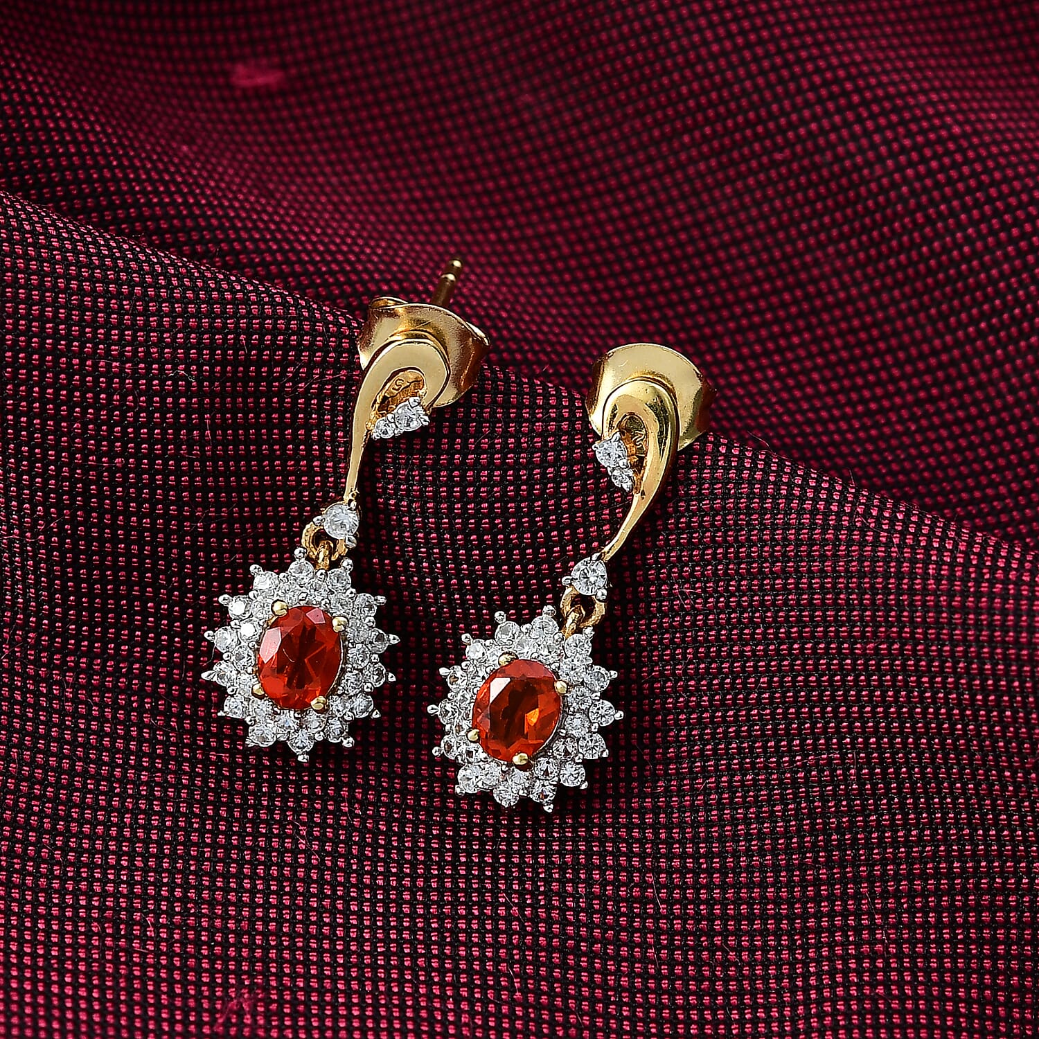 D'joy Fire Opal & White Zircon Earring with Push Back in 18K Vermeil Yellow Gold Overlay Sterling Silver