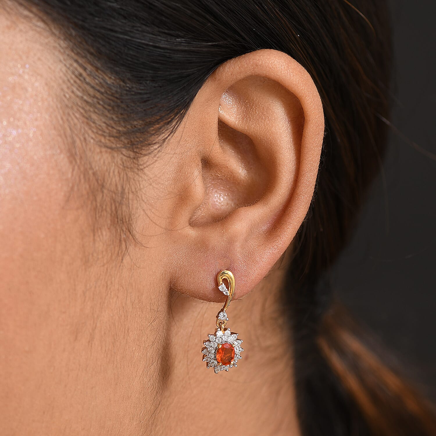 D'joy Fire Opal & White Zircon Earring with Push Back in 18K Vermeil Yellow Gold Overlay Sterling Silver
