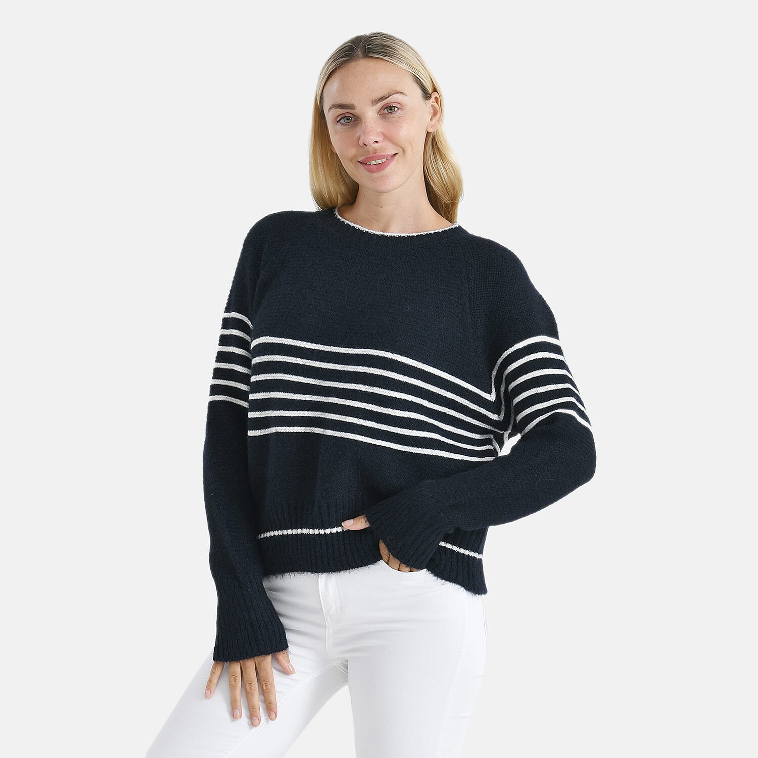 La Marey Soft Touch Striped Jumper (Size L) -  Navy & White