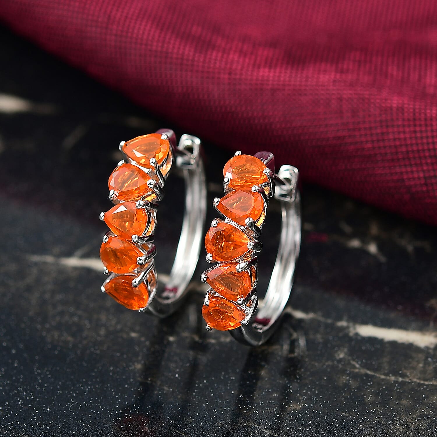 D'joy Fire Opal Full Hoop Earring in Rhodium Overlay Sterling Silver 2.16 Ct.