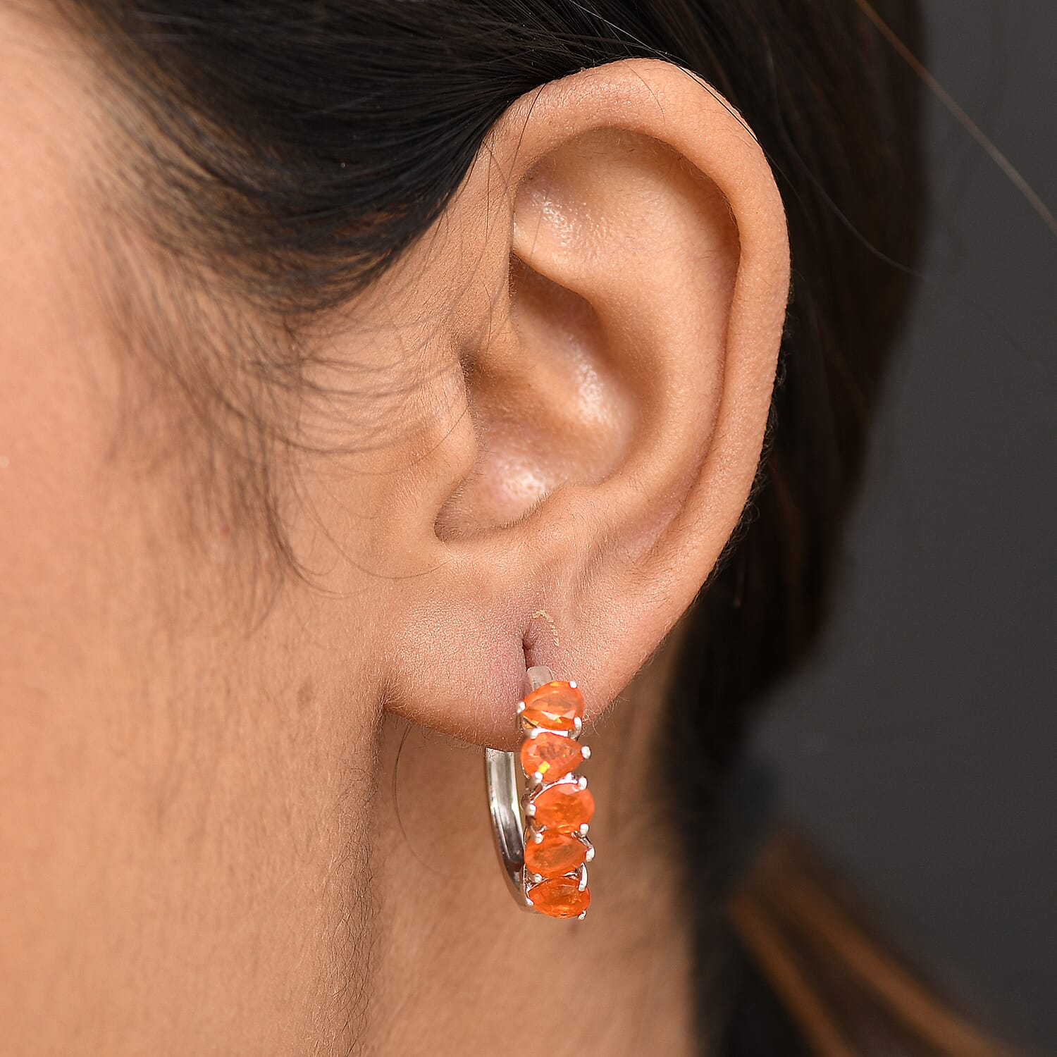 D'joy Fire Opal Full Hoop Earring in Rhodium Overlay Sterling Silver 2.16 Ct.