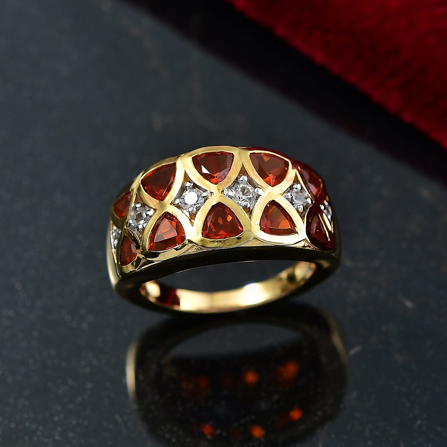 D'joy Fire Opal & White Zircon Ring in 18K Vermeil Yellow Gold  Overlay Sterling Silver 1.51 Ct, Silver Wt. 5.09 Gms.