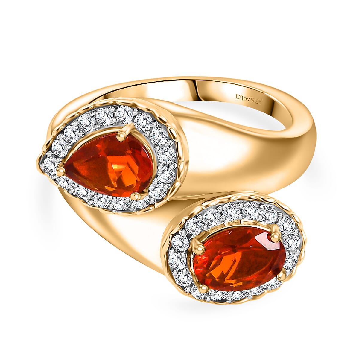 D'joy Fire Opal & White Zircon Bypass Ring in 18K Vermeil Yellow Gold Overlay Sterling Silver 1.37 Ct.