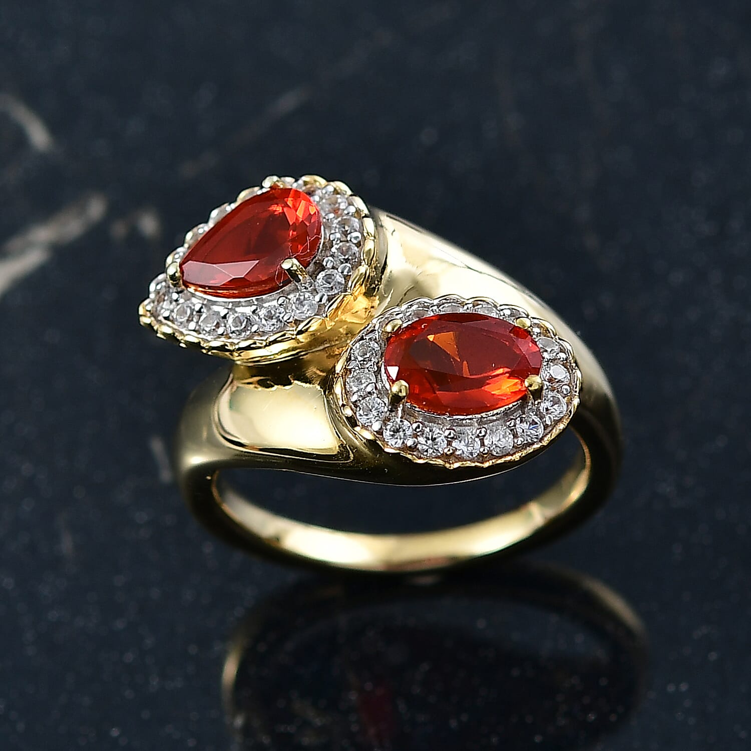 D'joy Fire Opal & White Zircon Bypass Ring in 18K Vermeil Yellow Gold Overlay Sterling Silver 1.37 Ct.
