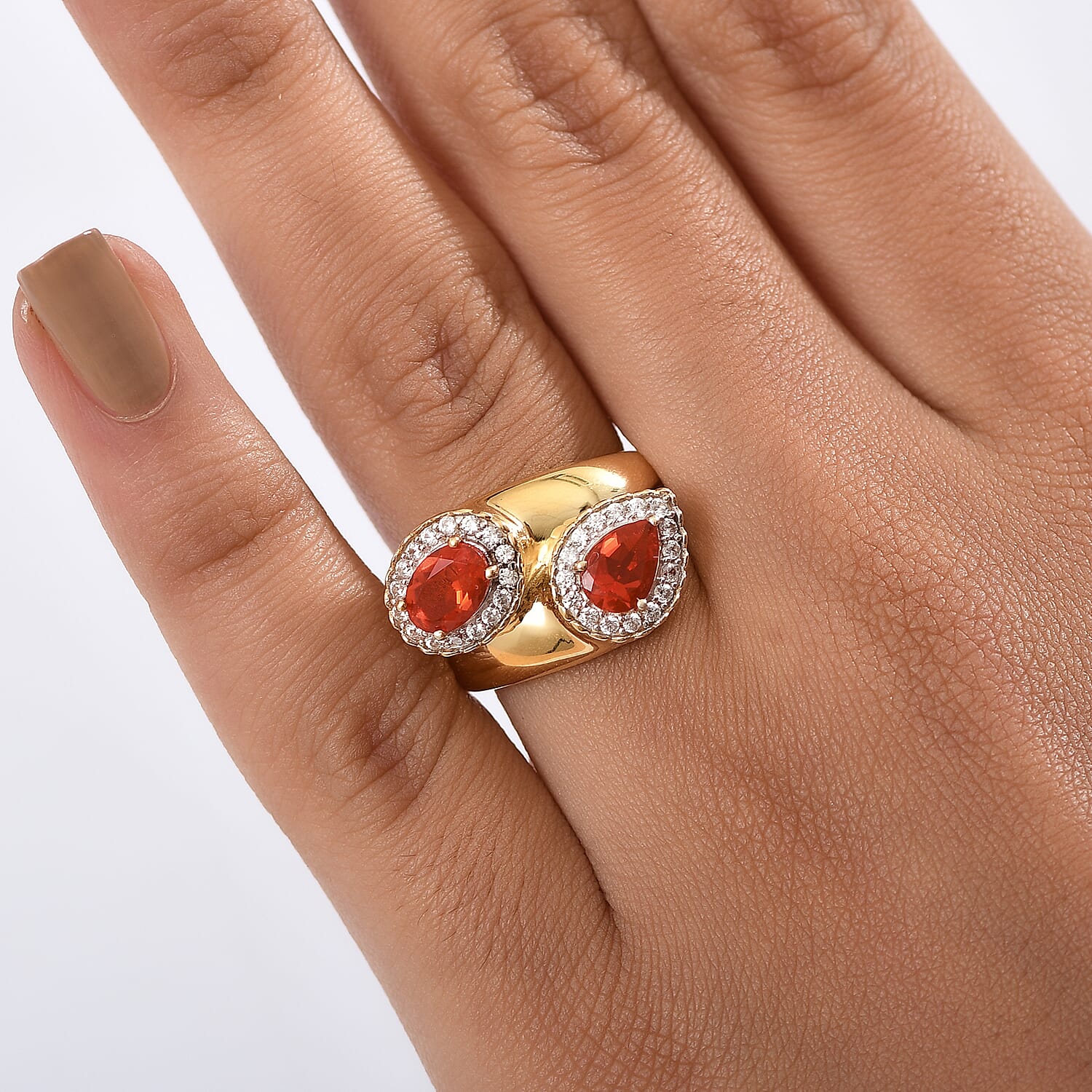 D'joy Fire Opal & White Zircon Bypass Ring in 18K Vermeil Yellow Gold Overlay Sterling Silver 1.37 Ct.
