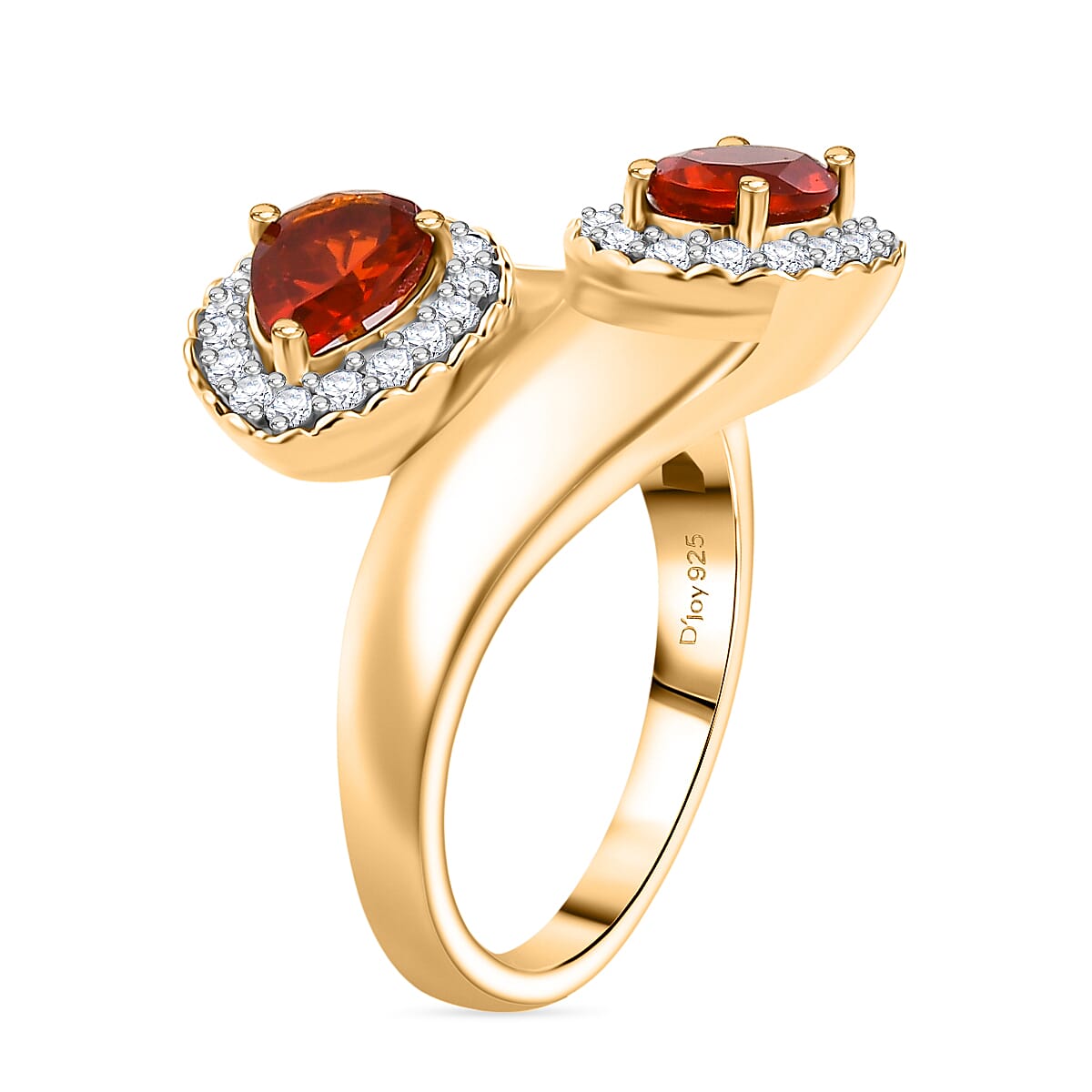 D'joy Fire Opal & White Zircon Bypass Ring in 18K Vermeil Yellow Gold Overlay Sterling Silver 1.37 Ct.