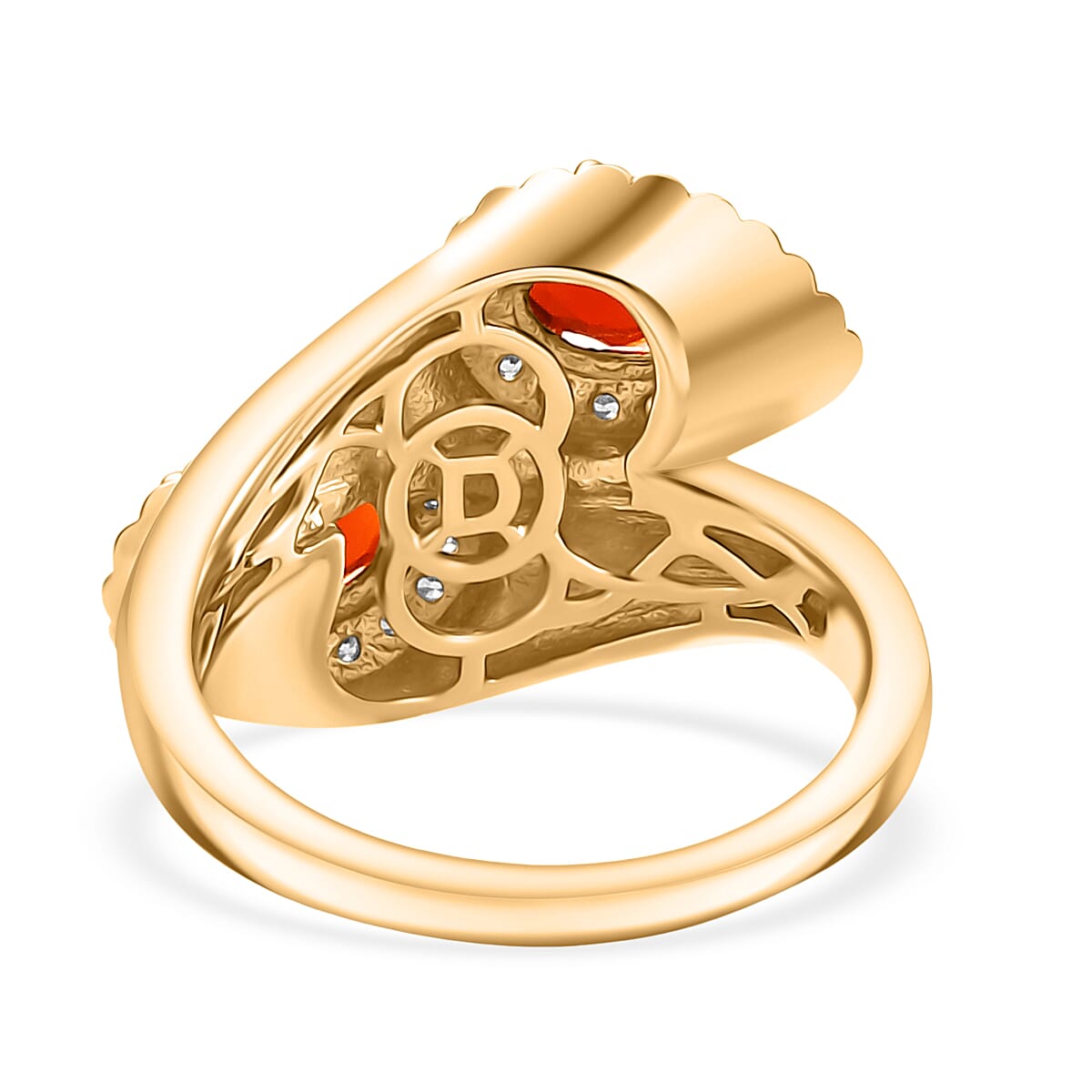 D'joy Fire Opal & White Zircon Bypass Ring in 18K Vermeil Yellow Gold Overlay Sterling Silver 1.37 Ct.