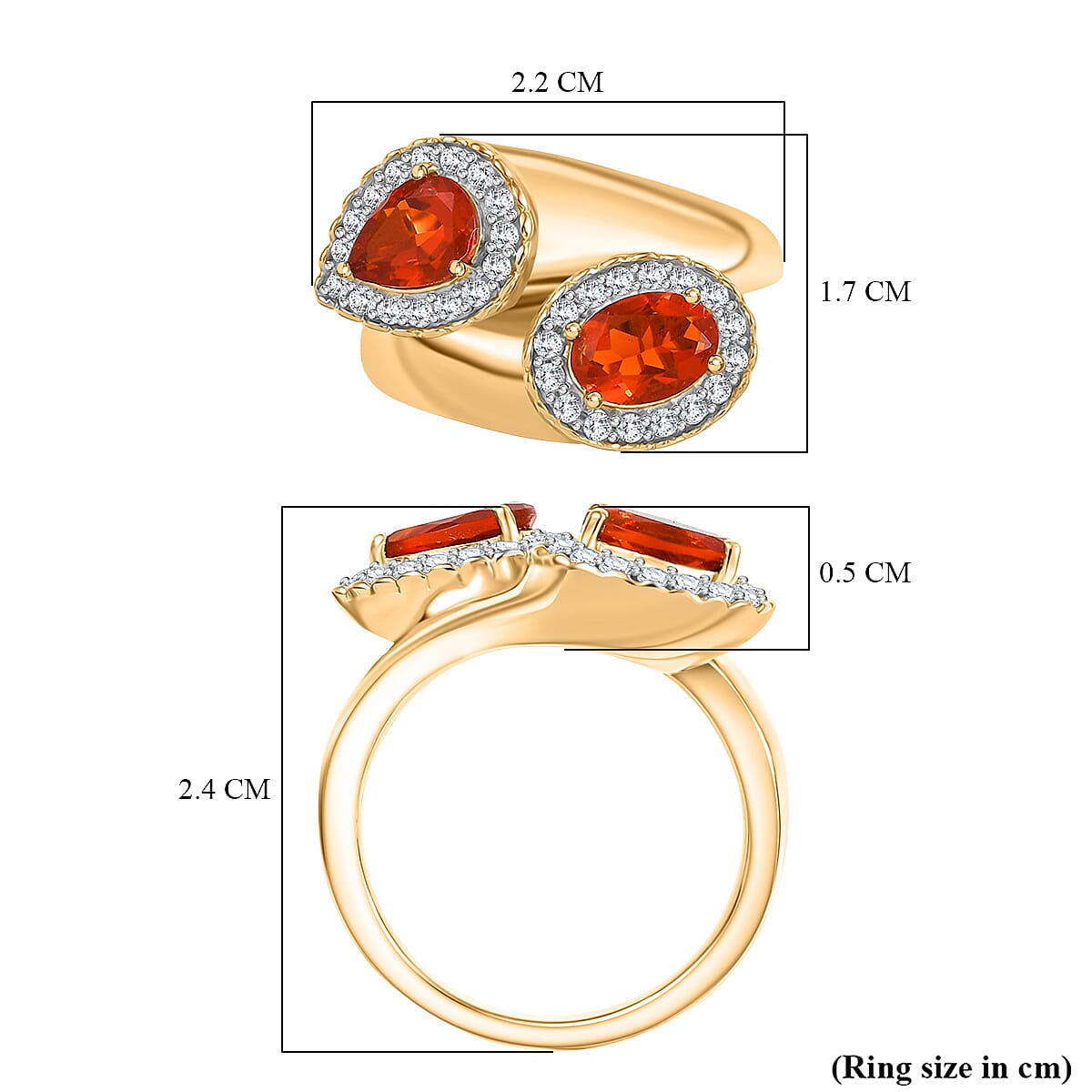 D'joy Fire Opal & White Zircon Bypass Ring in 18K Vermeil Yellow Gold Overlay Sterling Silver 1.37 Ct.