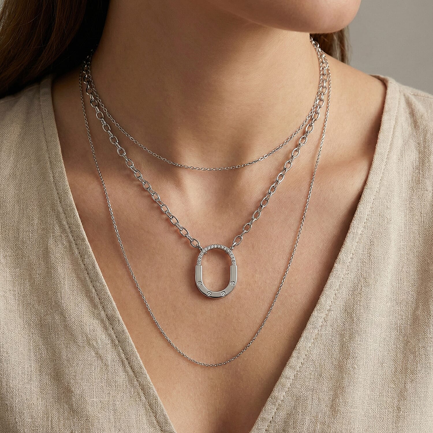 Austrian White Crystal Pave Oval Link Necklace (Size - 18)