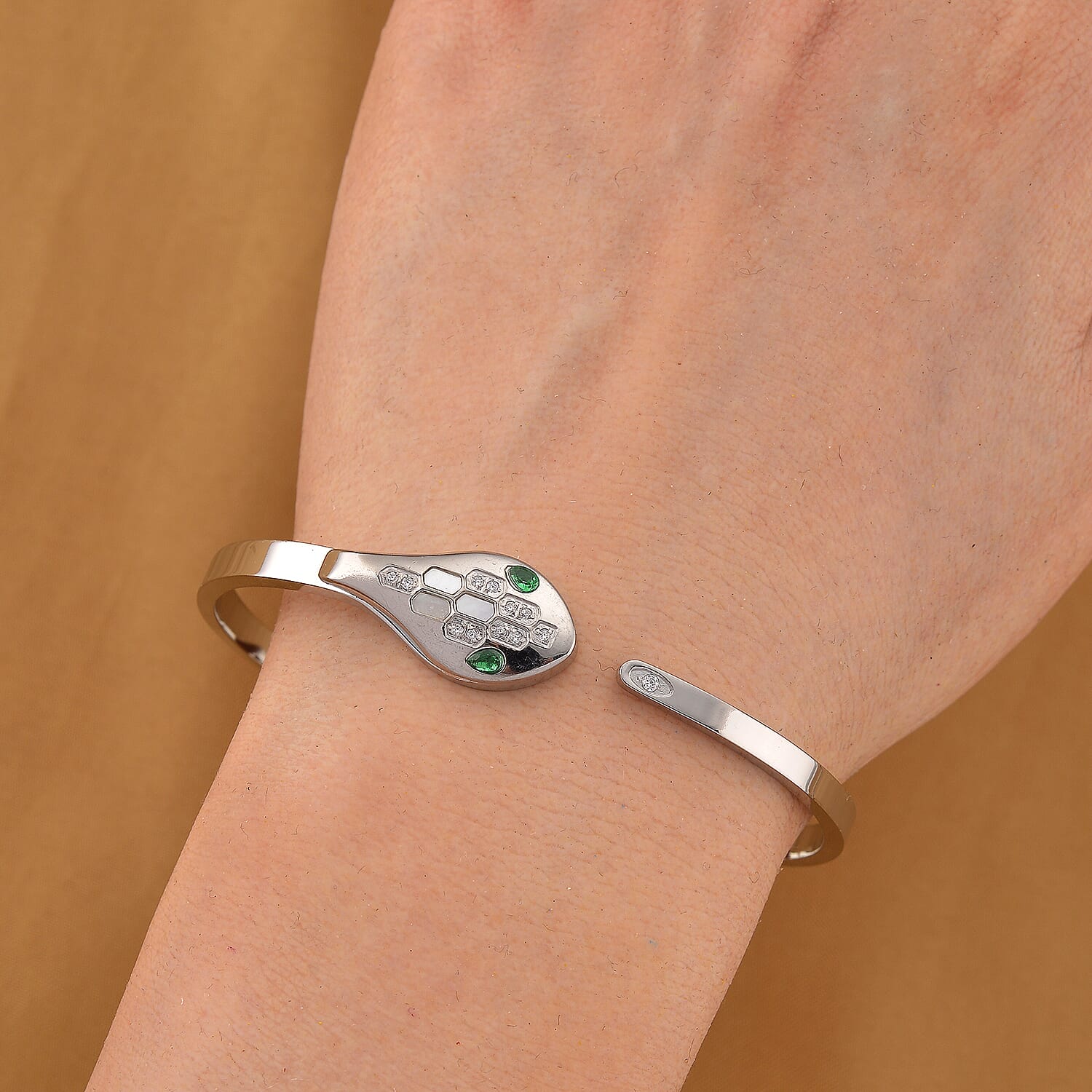 BIGGEST DESIGNER CLOSEOUT - Biacco Collection - Green Cubic Zirconia & White Cubic Zirconia Serpent Bangle (Size 7.5)