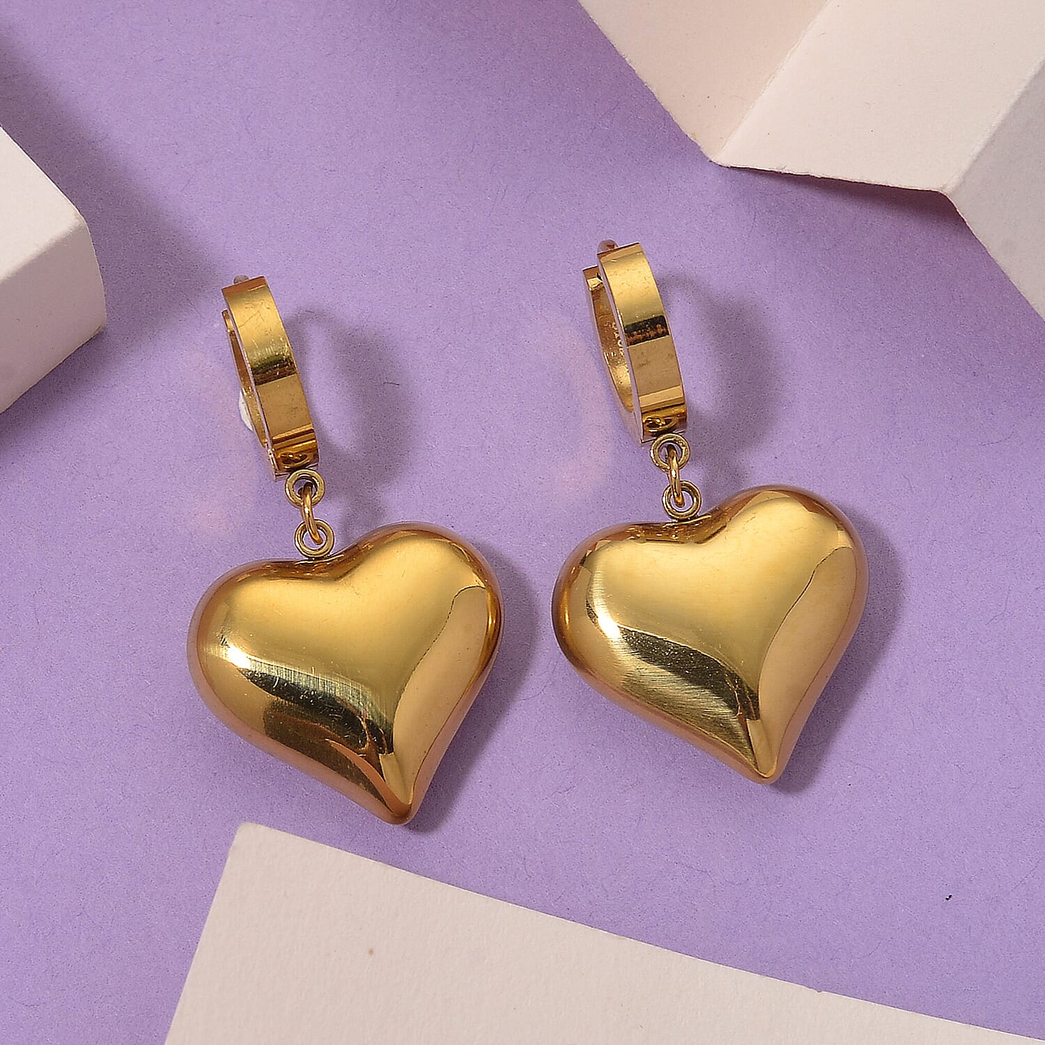 Heart Dangling Earrings in Yellow Gold Tone