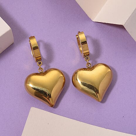 Heart Dangling Earrings in Yellow Gold Tone