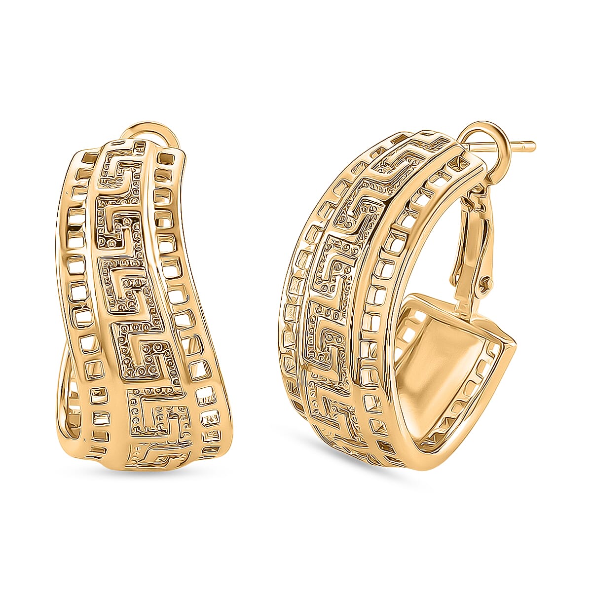 Designer Closeout - Greek Key Hoop Earrings in Yellow Gold Plated