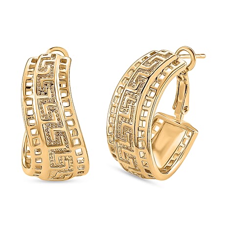 Designer Closeout - Greek Key Hoop Earrings in Yellow Gold Plated