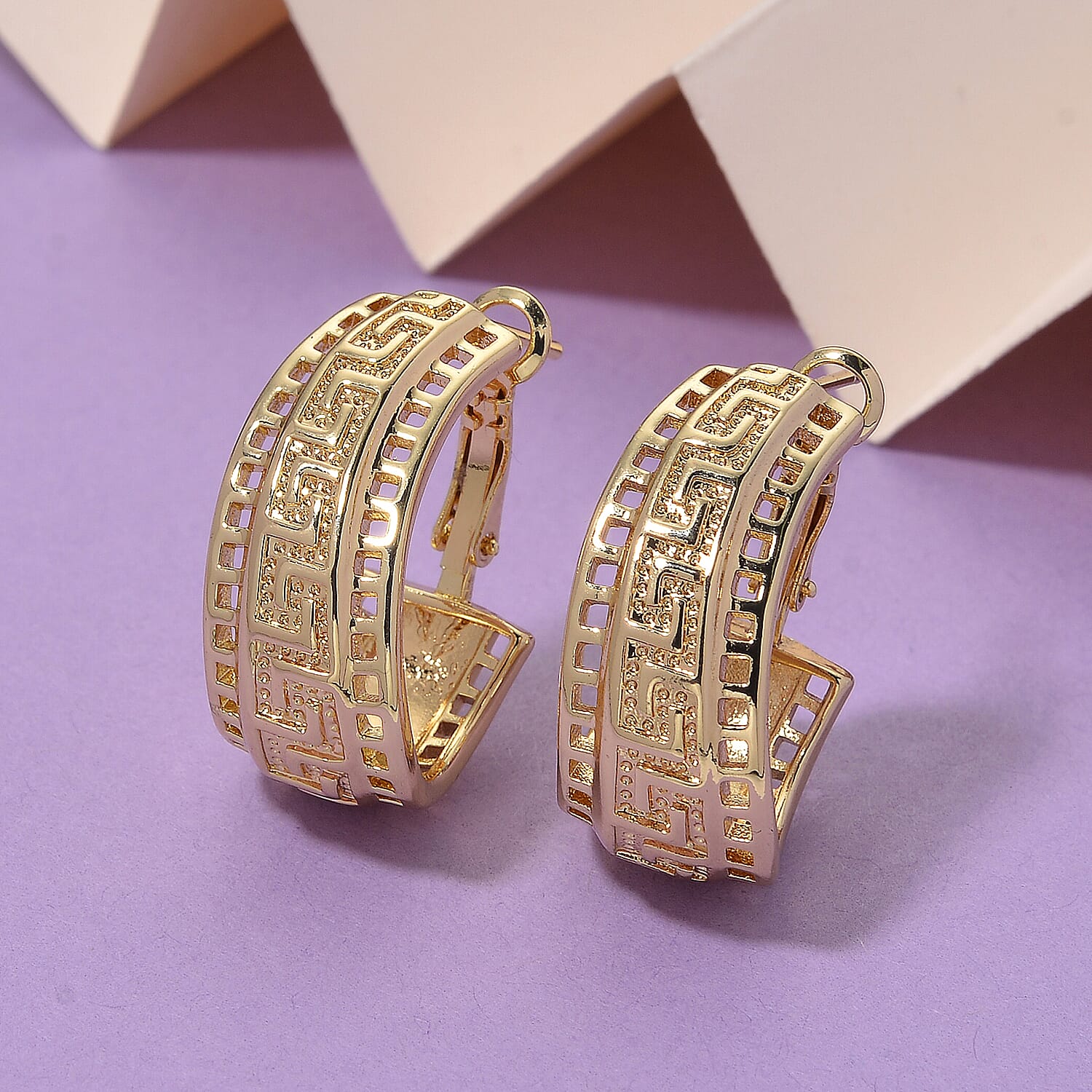 Designer Closeout - Greek Key Hoop Earrings in Yellow Gold Plated