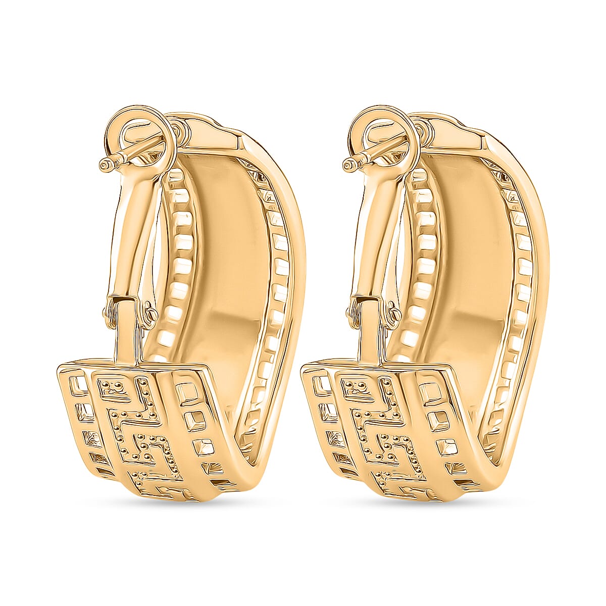 Designer Closeout - Greek Key Hoop Earrings in Yellow Gold Plated