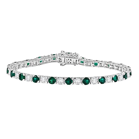 One Time Deal - Lab Grown Emerald & Moissanite Bracelet (Size 7.5) in Rhodium Overlay Sterling Silver 10.12 Ct, Silver Wt. 11.78 Gms.