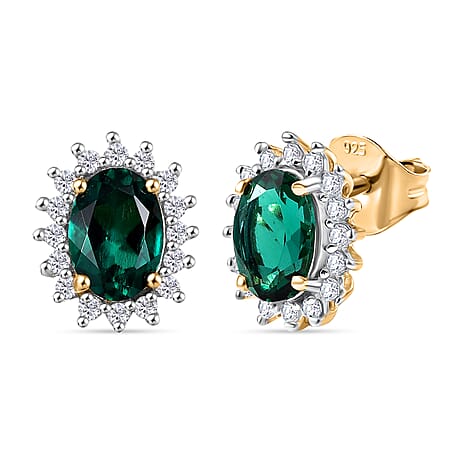 Lab Grown Emerald & White Zircon Earring in 18K Yellow Gold Plated Sterling Silver 1.69 Ct.