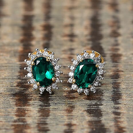 Lab Grown Emerald & White Zircon Earring in 18K Yellow Gold Plated Sterling Silver 1.69 Ct.