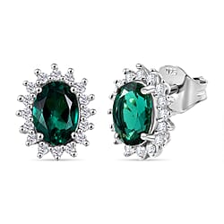 D'joy Lab Grown Emerald, White Zircon Halo Earring in Platinum Overlay Sterling Silver 1.69 Ct.