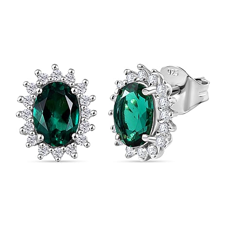 Lab Grown Emerald & White Zircon Earring in Platinum Overlay Sterling Silver 1.69 Ct.