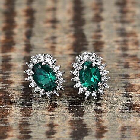 Lab Grown Emerald & White Zircon Earring in Platinum Overlay Sterling Silver 1.69 Ct.