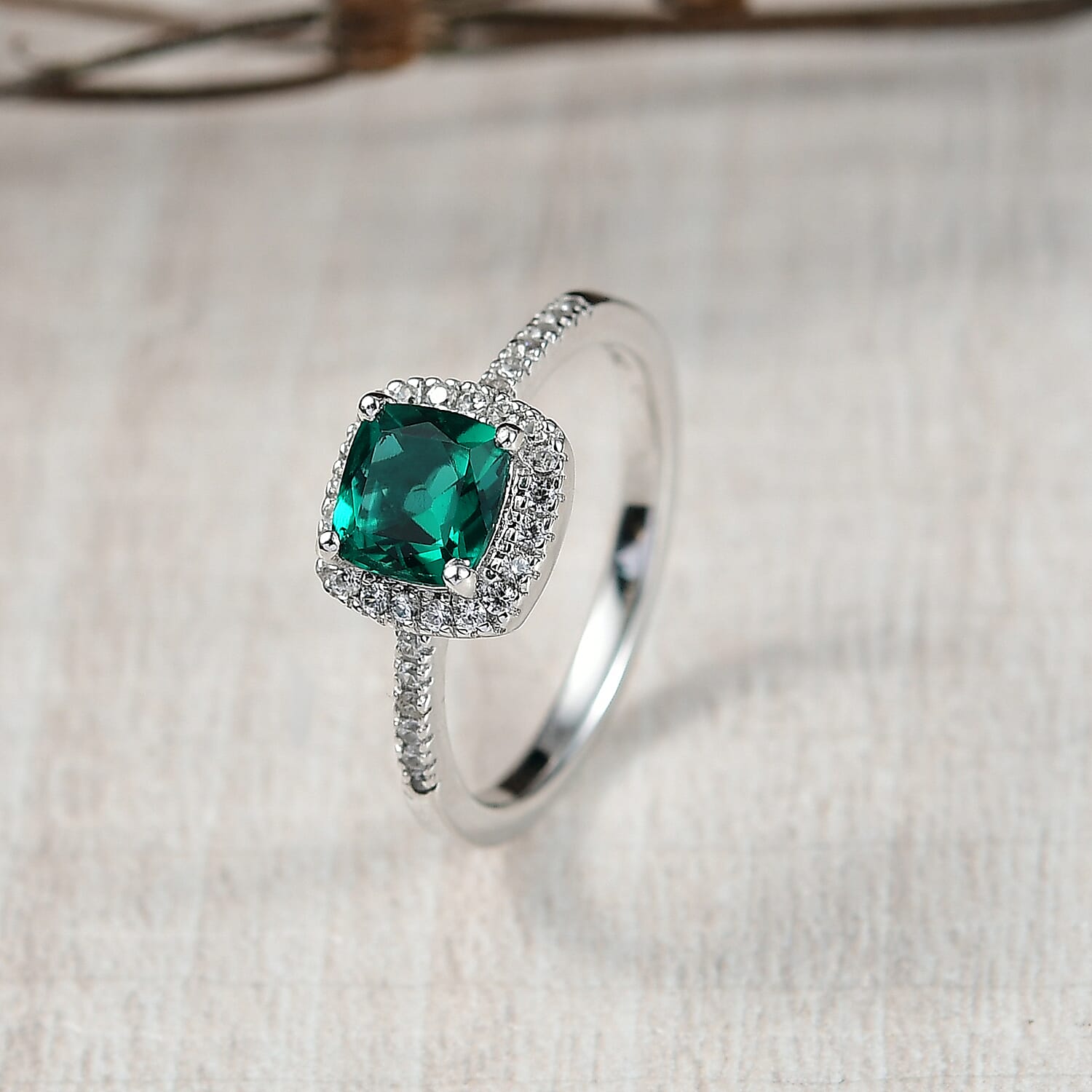 D'joy Lab Grown Emerald & Natural Zircon Ring in Rhodium Overlay Sterling Silver 1.24 Ct.