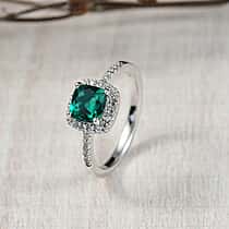 D'joy Lab Grown Emerald, White Zircon Halo Ring in Rhodium Overlay Sterling Silver 1.24 Ct.